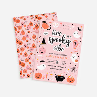 Roze en oranje Halloween 5e verjaardagsuitnodiging Kaart