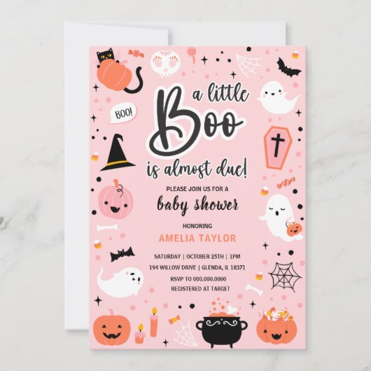 Roze en oranje Halloween - babyshower uitnodiging (Voorkant)