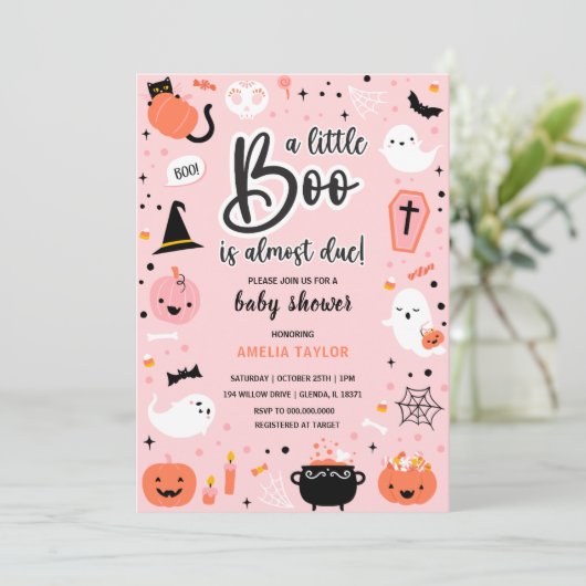 Roze en oranje Halloween - babyshower uitnodiging (Staand voorkant)