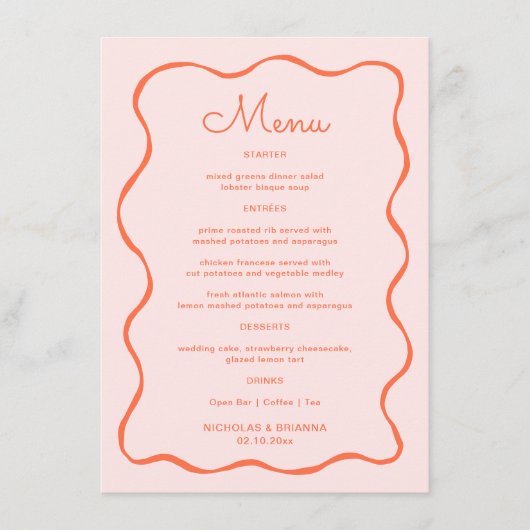 Roze en Oranje Hand getrokken golf bruiloft Menu (Voorkant)