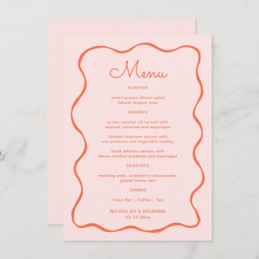 Roze en Oranje Hand getrokken golf bruiloft Menu (Voorkant / Achterkant)