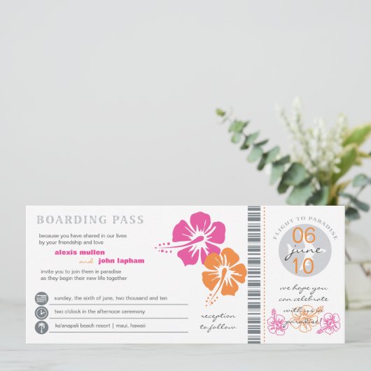 Roze en Oranje Hibiscus Boarding Pass Wedding Kaart (Staand voorkant)
