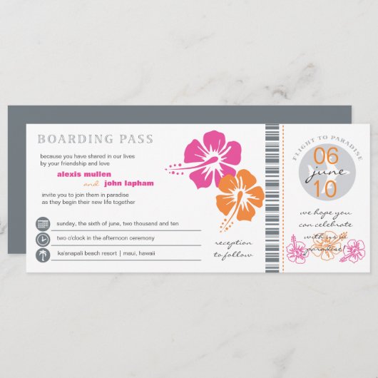 Roze en Oranje Hibiscus Boarding Pass Wedding Kaart (Voorkant / Achterkant)