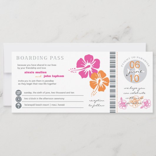 Roze en Oranje Hibiscus Boarding Pass Wedding Kaart (Voorkant)