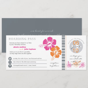 Roze en Oranje Hibiscus Boarding Pass Wedding Kaart