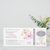 Roze en Oranje Hibiscus Boarding Pass Wedding Kaart (Staand voorkant)