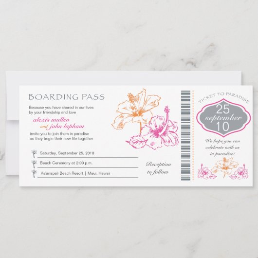 Roze en Oranje Hibiscus Boarding Pass Wedding Kaart (Voorkant)