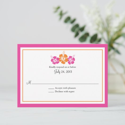 Roze en Oranje Hibiscus Flowers Weddenschap RSVP (Staand voorkant)