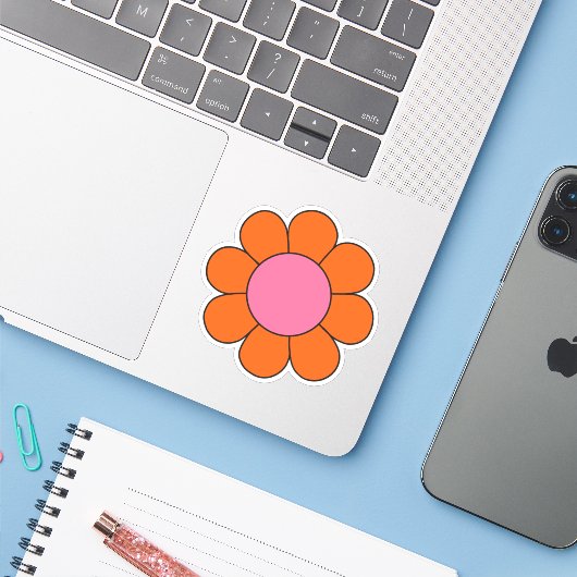Roze en oranje hippie retro Daisy Sticker (Laptop met iPhone)