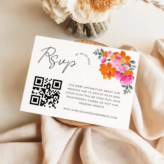 Roze en oranje levendig bloem QR-code RSVP kaart