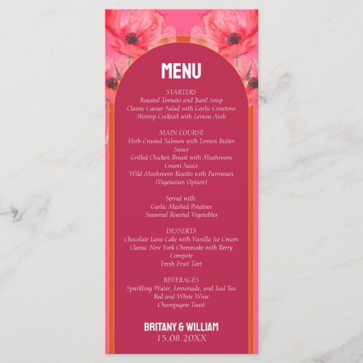 Roze en Oranje levendige bloemenbruiloft Menu (Voorkant)