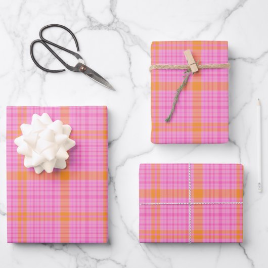 Roze en Oranje lijnen Tartan Spatten Patroon Inpakpapier Vel (Voorkant)