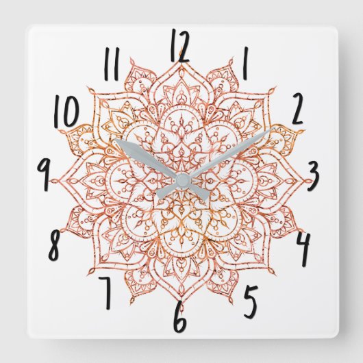Roze en Oranje Mandala op witte glam Vierkante Klok (Voorkant)