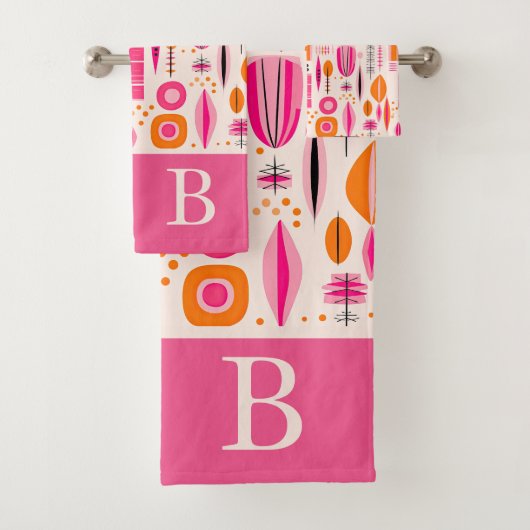 Roze en Oranje Mid Century Modern Retro Custom Bad Handdoek (Insitu)
