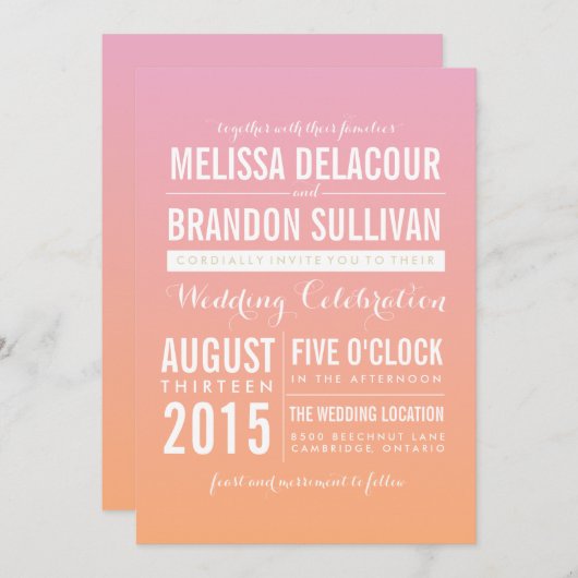 Roze en Oranje ombre gradiënt bruiloft Uitnodiging (Voorkant / Achterkant)