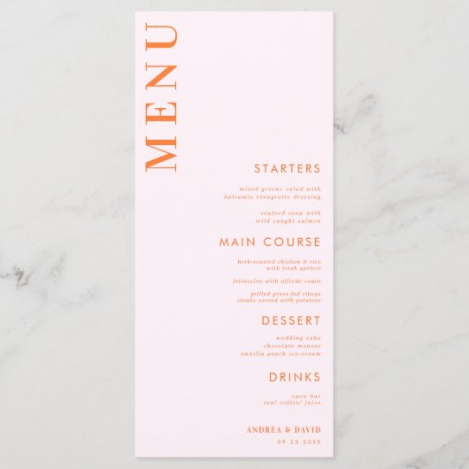 Roze en Oranje Peach Abriot Crush Wedding Menu (Voorkant)