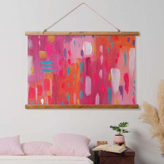 Roze en Oranje penseeltekens Abstract Hangend Wandkleed (Slaapkamer)