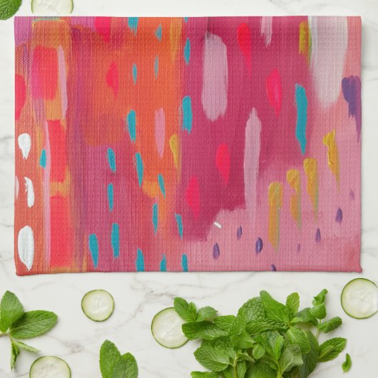 Roze en Oranje penseeltekens Abstract Theedoek (Gevouwen)