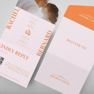 Roze en oranje perzik typografie QR-code trouw  All In One Uitnodiging