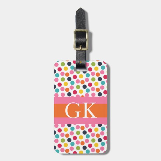 Roze en Oranje Polka Dot Monogram Bagagelabel (Voorkant verticaal)