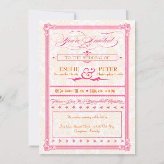 Roze en Oranje Poster-Stijl Wedding Uitnodigen Kaart (Voorkant)