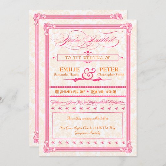 Roze en Oranje Poster-Stijl Wedding Uitnodigen Kaart (Voorkant / Achterkant)