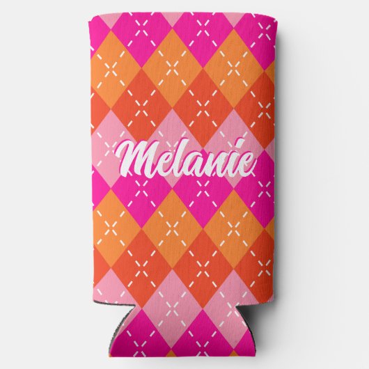 Roze en Oranje Preppy Argyle gepersonaliseerd Seltzer Blikjeskoeler (Achterkant)