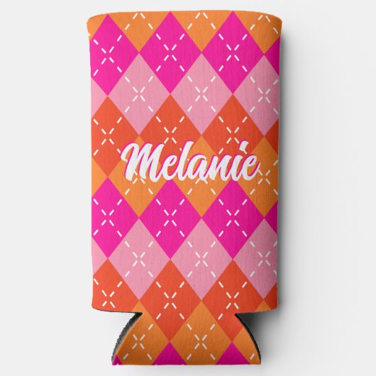 Roze en Oranje Preppy Argyle gepersonaliseerd Seltzer Blikjeskoeler (Voorkant)