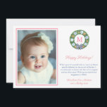 Roze en oranje preppy buksboom-gemberpotten afbeel feestdagenkaart<br><div class="desc">Prettige feestdagen fotokaart met ruimte voor een enkele letter monogram en een familiefoto. In een stap weg van "traditionele" kerstkleuren bevat het ontwerp opbeurende roze en oranje accenten. De watercolor elementen voorzijde (krans) en achterzijde (guirlande) werden oorspronkelijk door mij met waterverf op 100% katoenpapier geschilderd voordat ze digitaal werden gescand...</div>