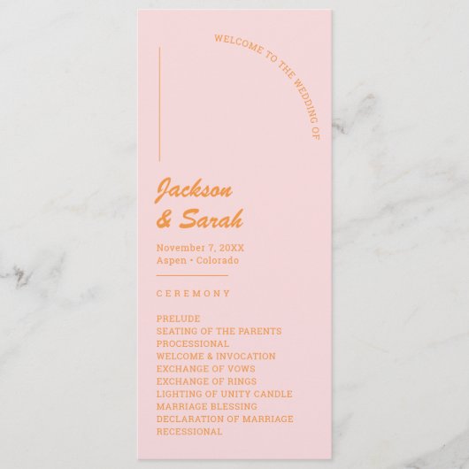 Roze en Oranje Retro Disco Bruiloft Programmakaart (Voorkant)