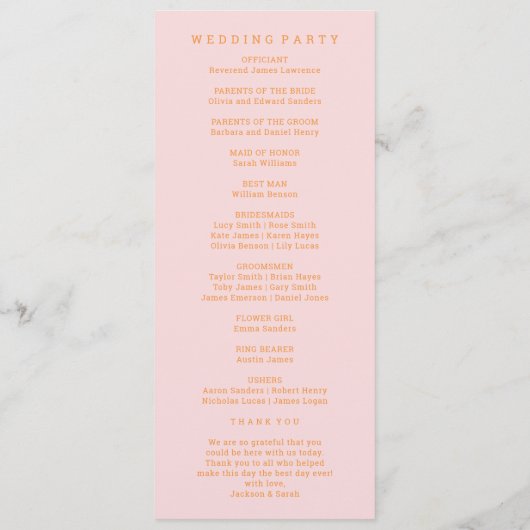 Roze en Oranje Retro Disco Bruiloft Programmakaart (Achterkant)