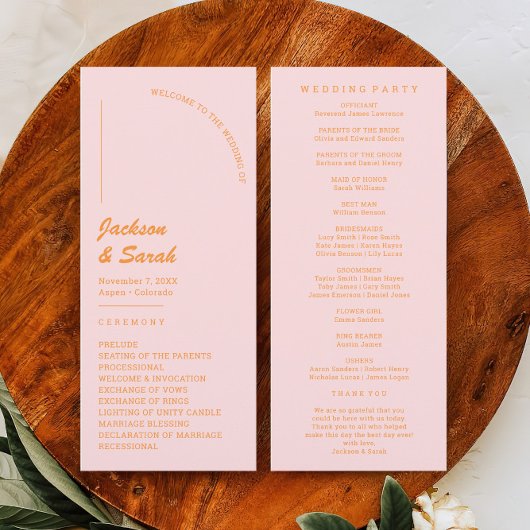 Roze en Oranje Retro Disco Bruiloft Programmakaart