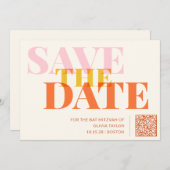 Roze en oranje retro moderne Bat Mitzvah QR-code Save The Date (Voorkant / Achterkant)