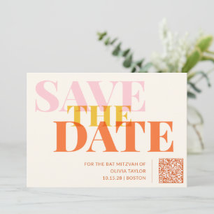 Roze en oranje retro moderne Bat Mitzvah QR-code Save The Date