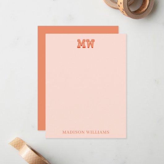 Roze en Oranje Retro Typografie Monogram Initiaal Notitiekaartje (Voorkant / Achterkant in situ)