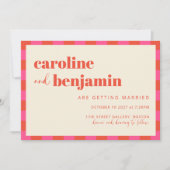 Roze en Oranje Schaakbord Patroon Bruiloft Kaart (Voorkant)