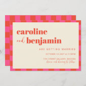 Roze en oranje schaakbordpatroon bruiloft kaart (Voorkant / Achterkant)