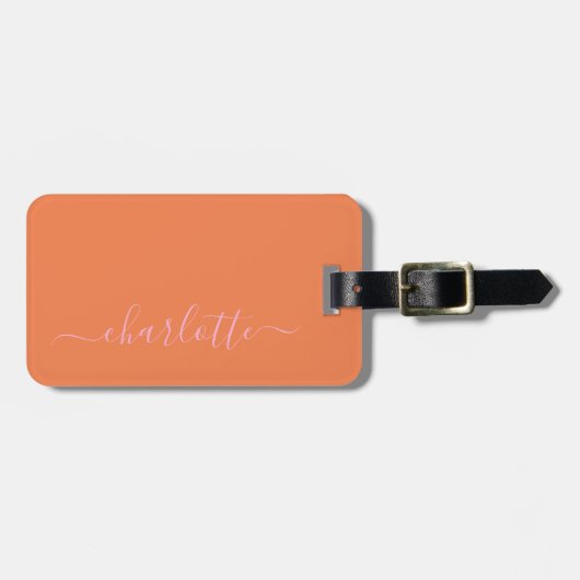 Roze en Oranje Script Naam Favor Persoonlijk Bagagelabel (Voorkant horizontaal)