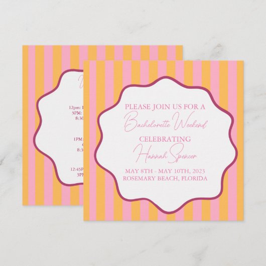 Roze en Oranje Streep Bachelorette Uitnodiging, Kaart (Voorkant / Achterkant)