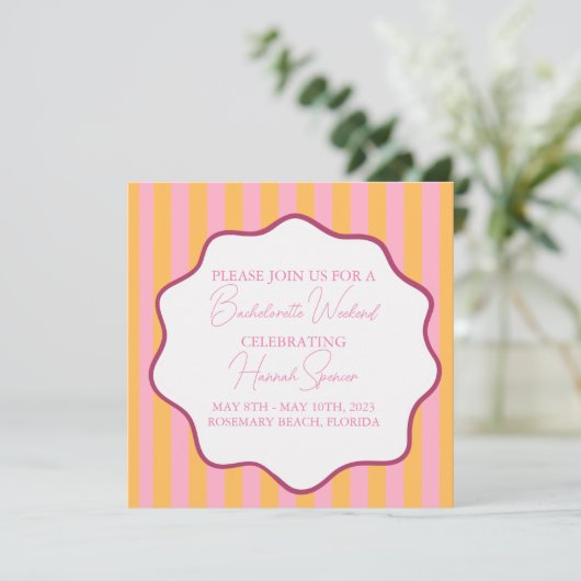 Roze en Oranje Streep Bachelorette Uitnodiging, Kaart (Staand voorkant)