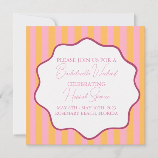 Roze en Oranje Streep Bachelorette Uitnodiging, Kaart (Voorkant)