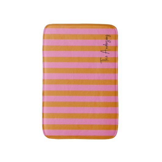 Roze en Oranje strepen Aangepaste naam Badmat (Voorkant Verticaal)