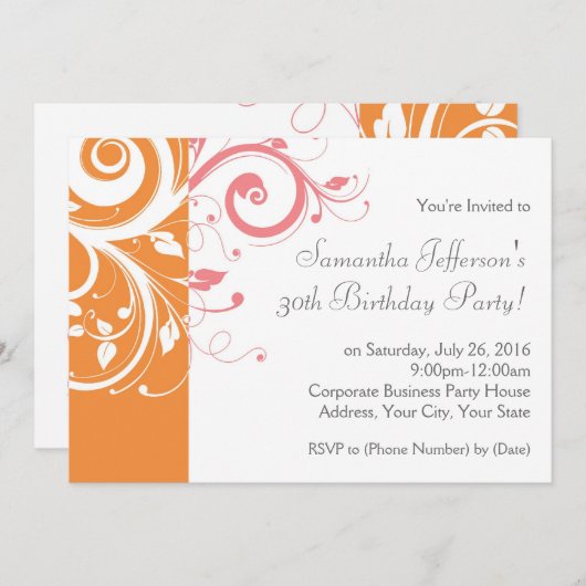Roze en Oranje Swirl Verjaardagsfeestuitnodiging Kaart (Voorkant / Achterkant)