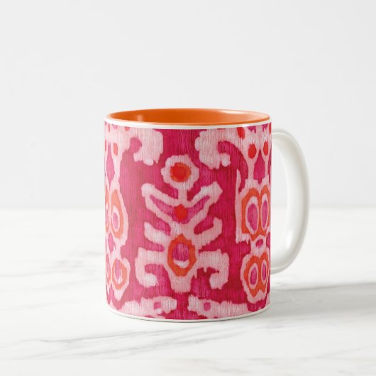 Roze en Oranje tribale ikat Tweekleurige Koffiemok (Voorkant rechts)