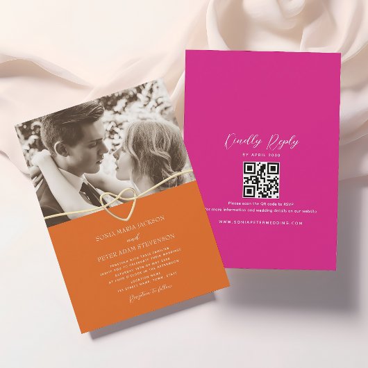 Roze en Oranje Trouw Uitnodiging met QR Code
