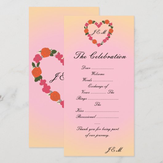 Roze en oranje trouwprogramma met bloemhart (Voorkant / Achterkant)