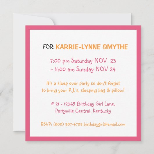 Roze en Oranje Tween Partij Kaart (Achterkant)