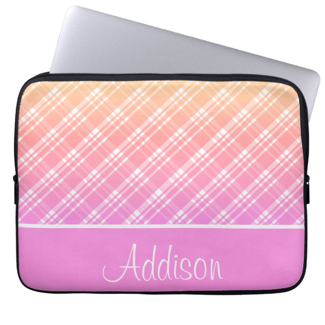 Roze en oranje verloop geruit laptop sleeve (Voorkant)