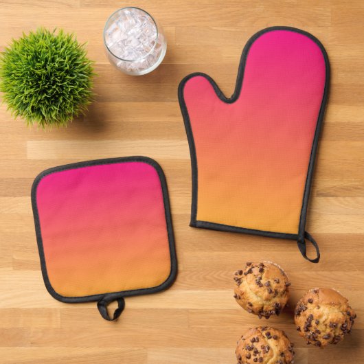 Roze en oranje verloop ovenwant & pannenlap set (Top down)