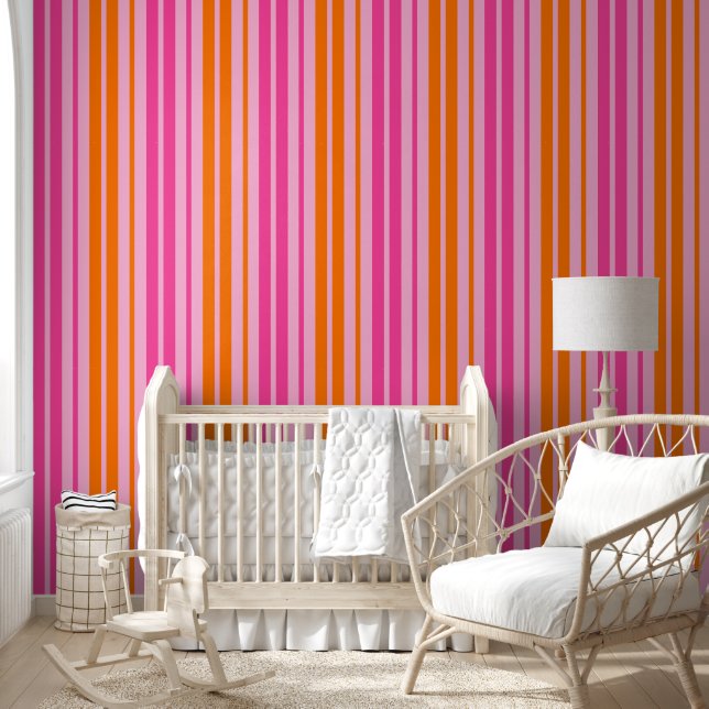  Roze en Oranje Verticale Strepen Ontwerp   Behang (Kinderen)